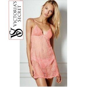 Victoria's Secret Peach/Pink Corset Back Lace Sheer Metallic Chemise Sz M